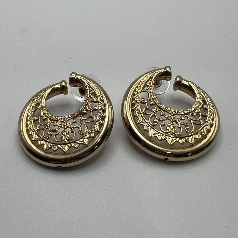 Vintage Pierced‎ Earrings Gold Tone Filigree Open Metalwork Large Statement